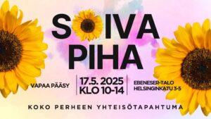 Kuvassa lukee isolla tapahtuman nimi ja sen alla pienemmällä ajankohta ja paikka. Kuvassa on koristeena auringonkukkia mikä viittaa keväiseen ajankohtaan sekä siihen että tapahtumaohjelmaa on myös ulkona.